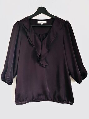 Ann Taylor Loft Satin V-Neck Ruffle Front 3/4 Sleeve Popover Blouse Size M EUC